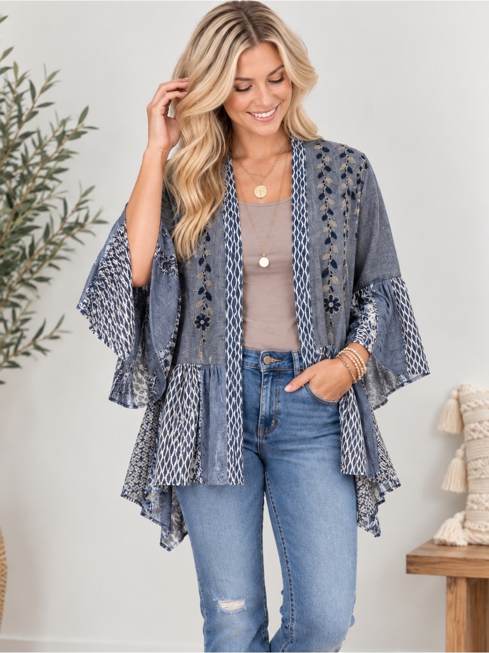 504. Women's Denim Blue Kimono with Embroidery